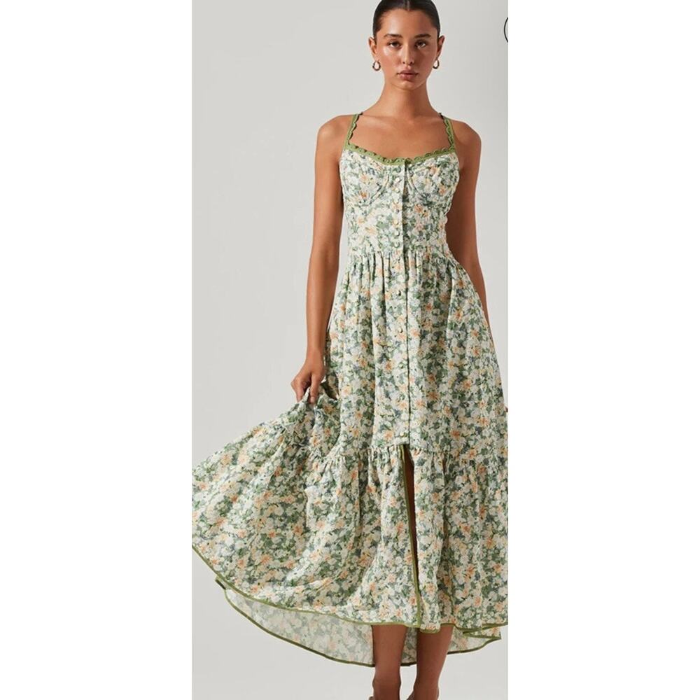 Astr Green and Cream Floral Midi Dress with Spaghetti Straps